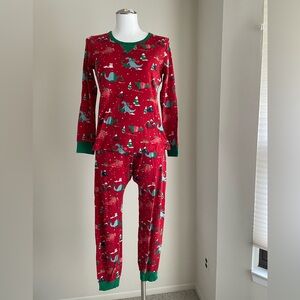 (Men’s XL) Festive Red and Green Pajama Set with Christmas Dinosaur Pattern